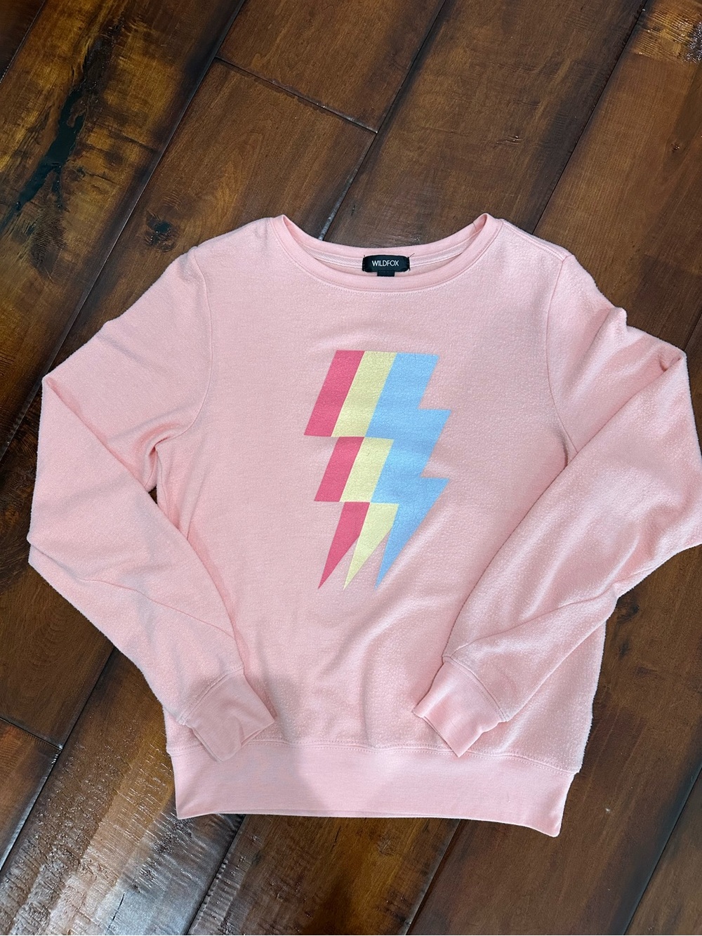 Wildfox Peachy Pink Crewneck Sweater with Tri-Color Lightning Bolt